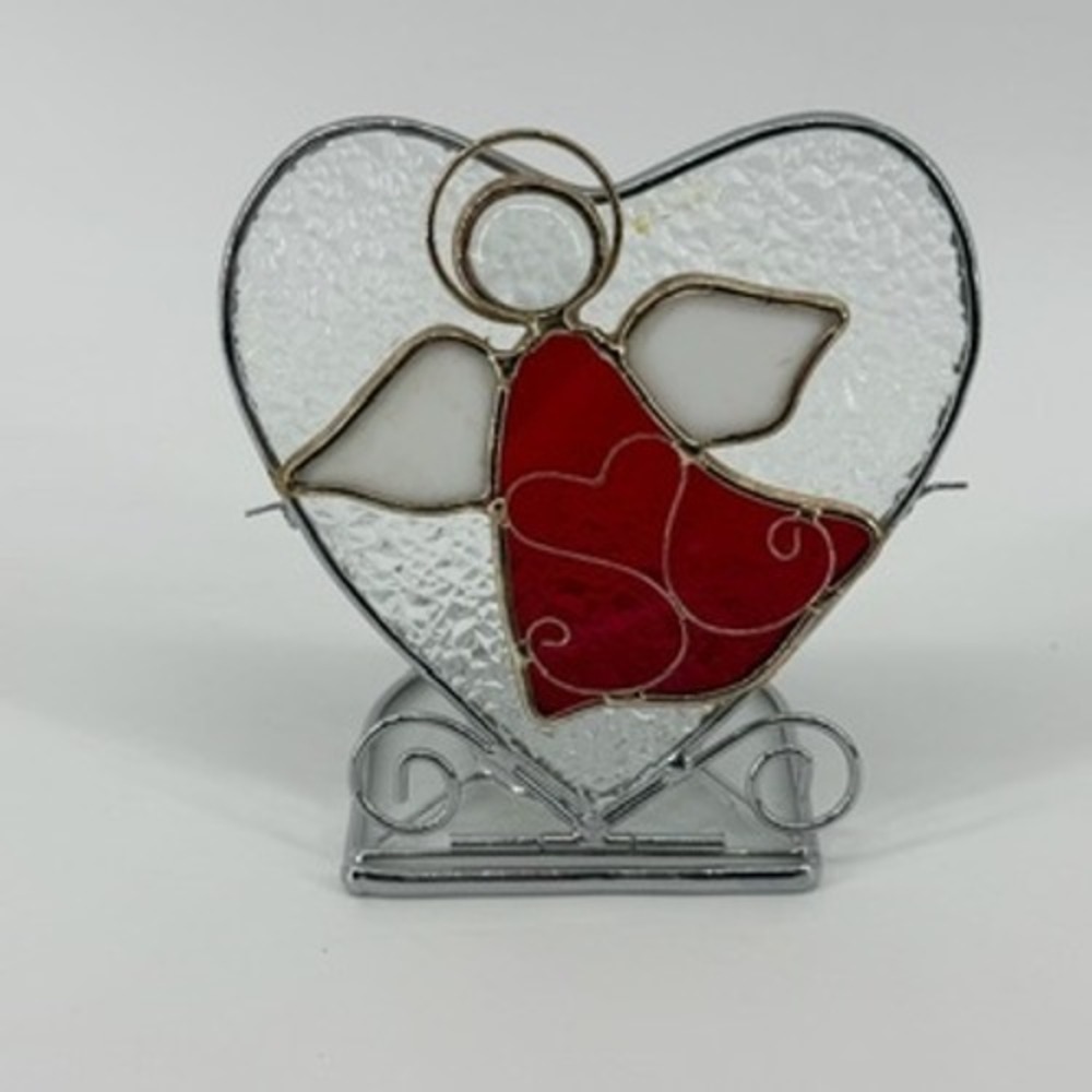 Stained Glass Angel Heart Tea‎ Light Candle Holder Red White Silver Base 4.5in